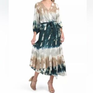 Young Fabulous & Broke Boho Tie Dye V-Neck Tiered Midi Faux Wrap Dress
